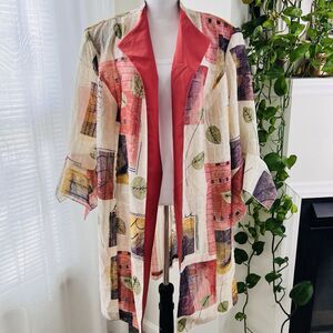 Vintage HBS Sheer Colorful Wearable Art Long Open Jacket Shoulder Pads -Plus 24W
